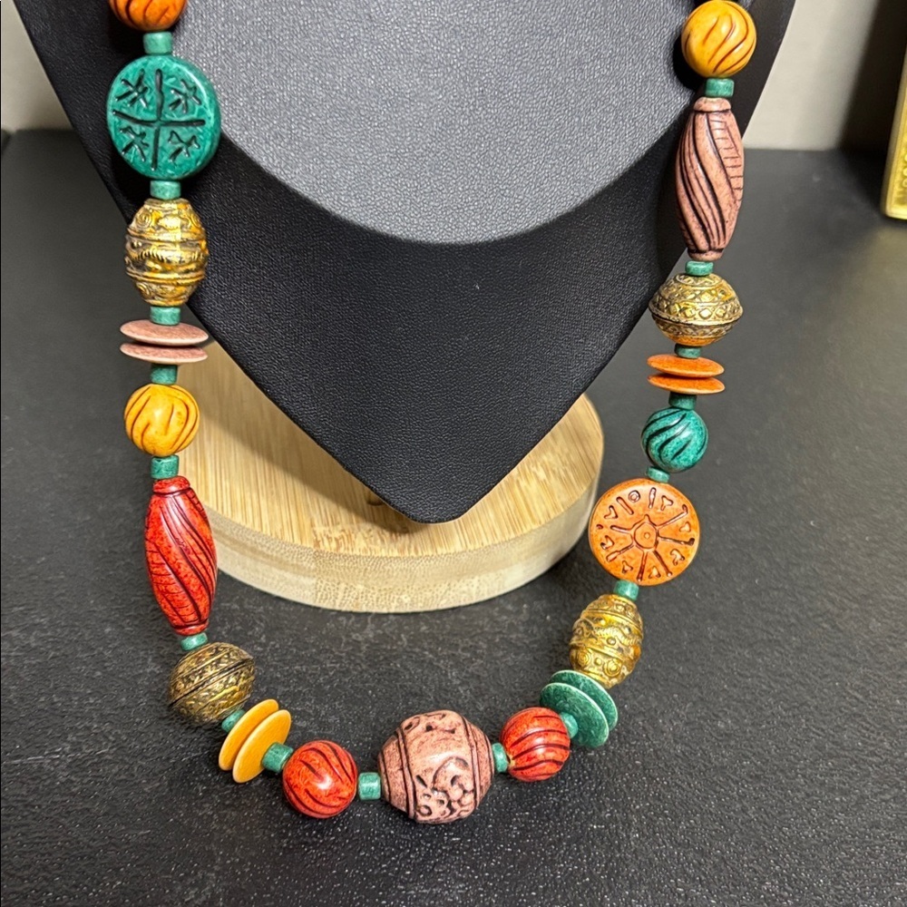 Colorful Boho Resin Wood Beaded Long Necklace - Picture 2 of 6